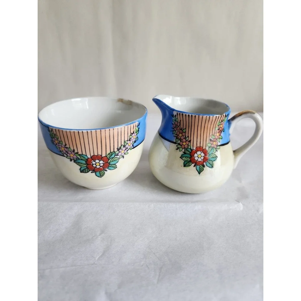 Vintage Chikaramachi Hand Painted Porcelain Creamer Sugar Set Blue Lusterware